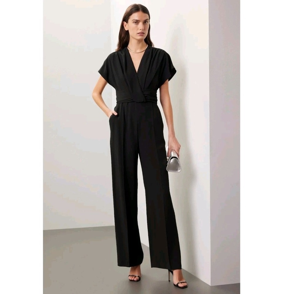 RTR BOSS Hugo Boss Black Debasa Short Sleeve V-Neck Wide Leg Jumpsuit Size S